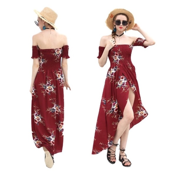 Off Shoulder Smocked Floral Dress Red - Picture 5 of 8